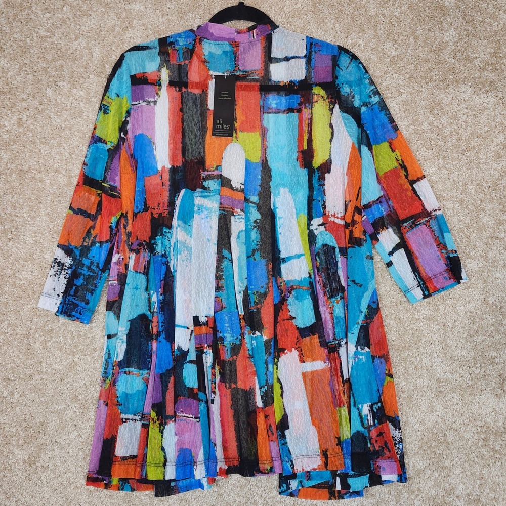 Ali Miles Cardigan Abstract Multicolor‎ Mesh Open Front Artistic Topper Size M - Picture 7 of 9